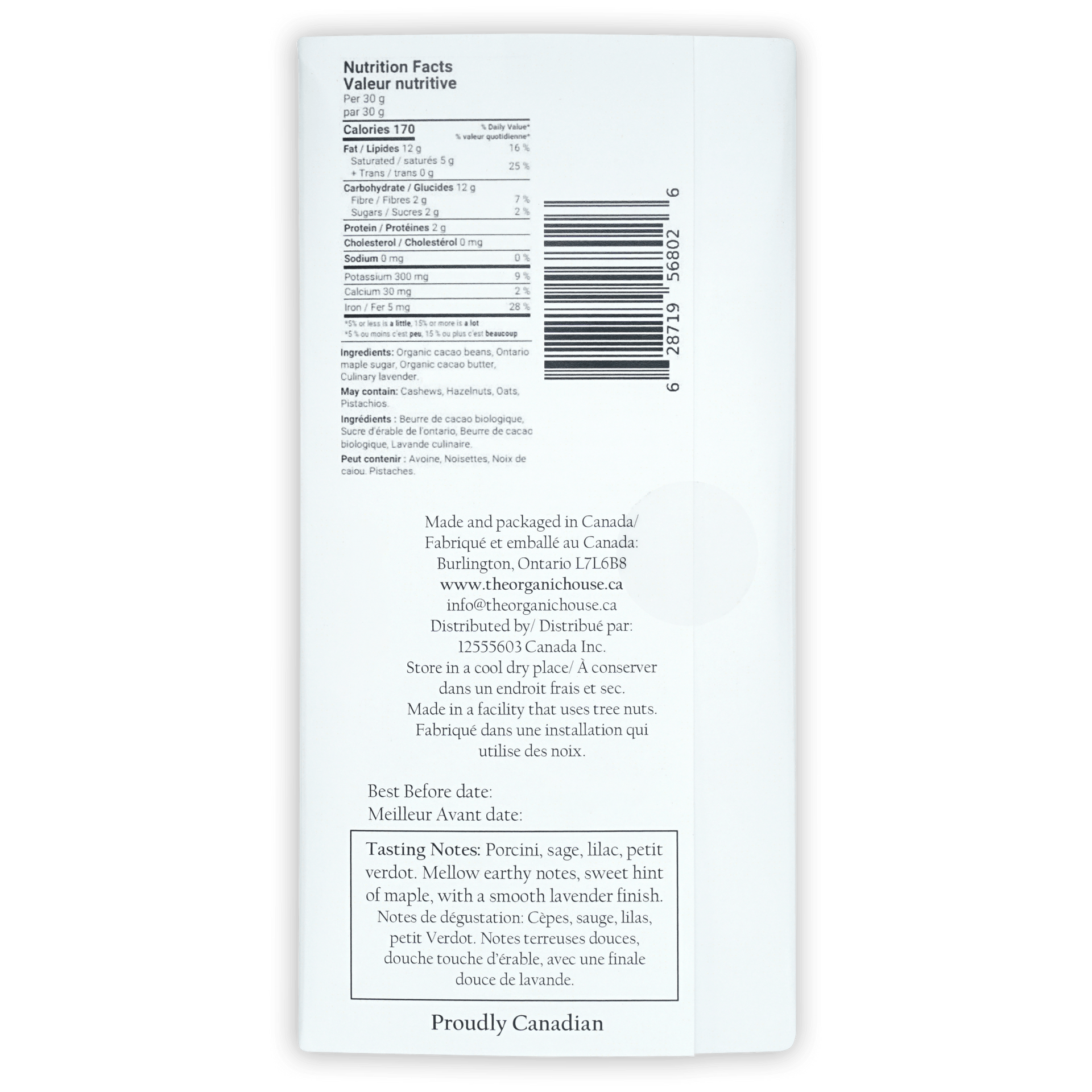 Back of The Organic House Dark Lavender Maple 70% package with bilingual labels