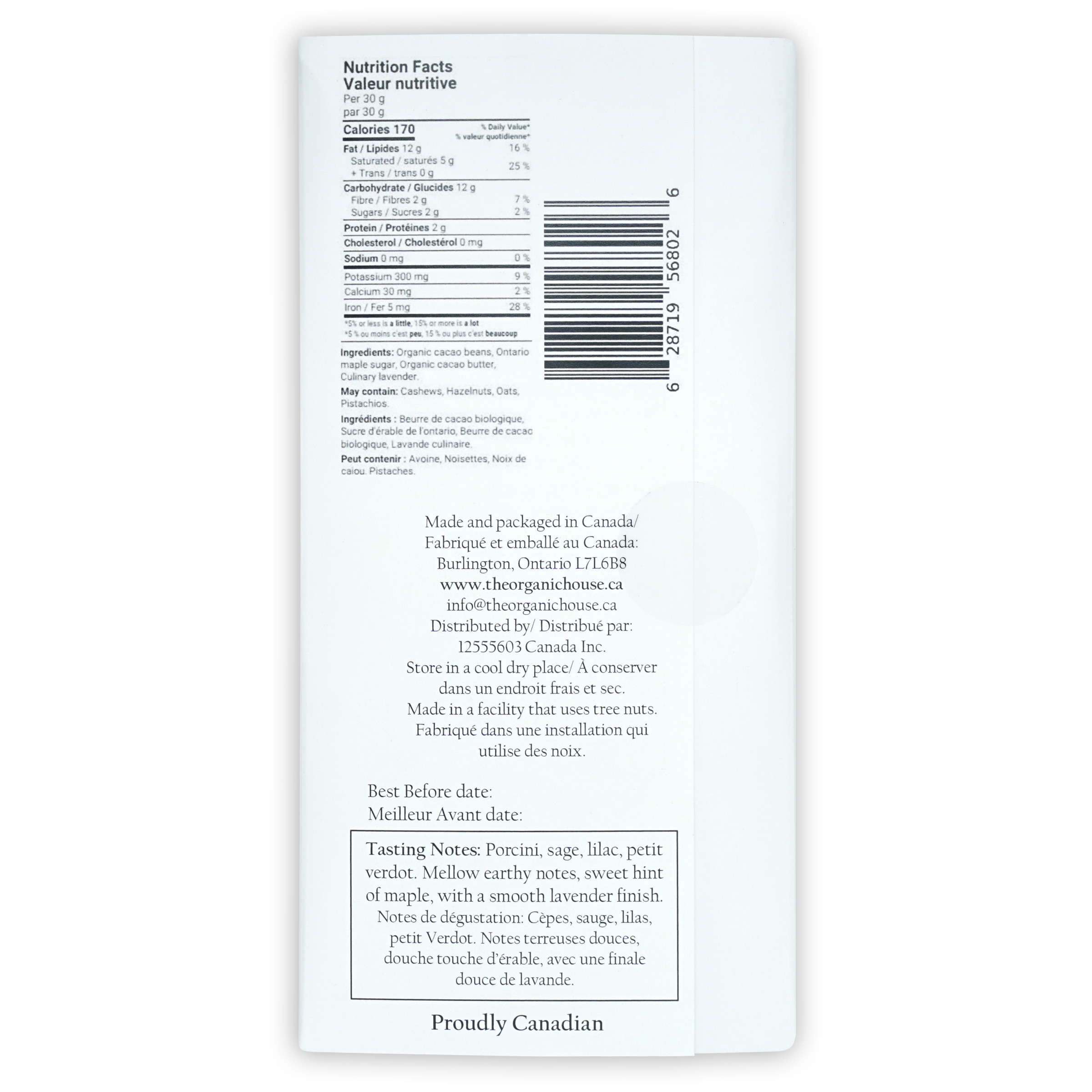Back of The Organic House Dark Lavender Maple 70% package with bilingual labels