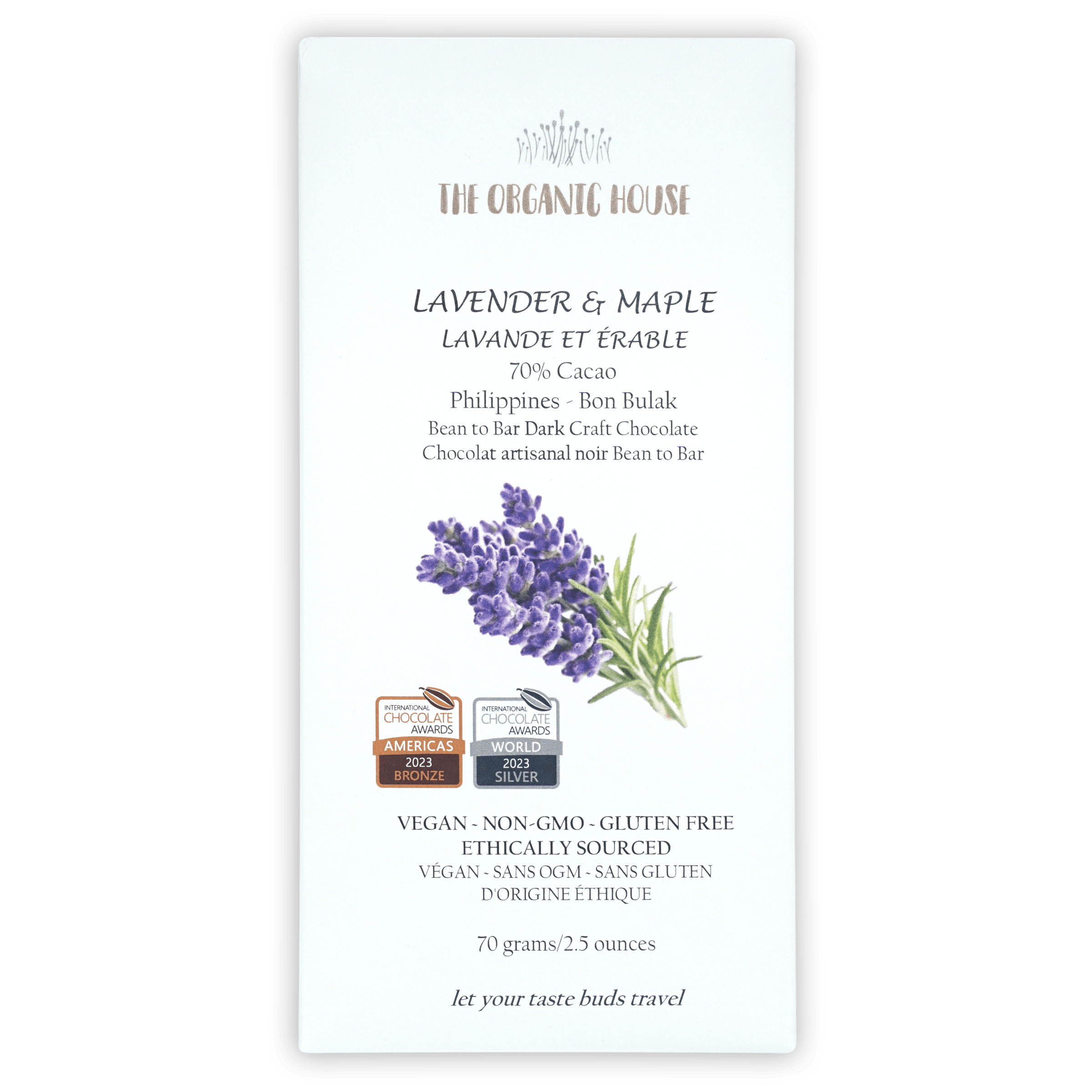 Organic House Dark Lavender Maple 70% vegan chocolate package