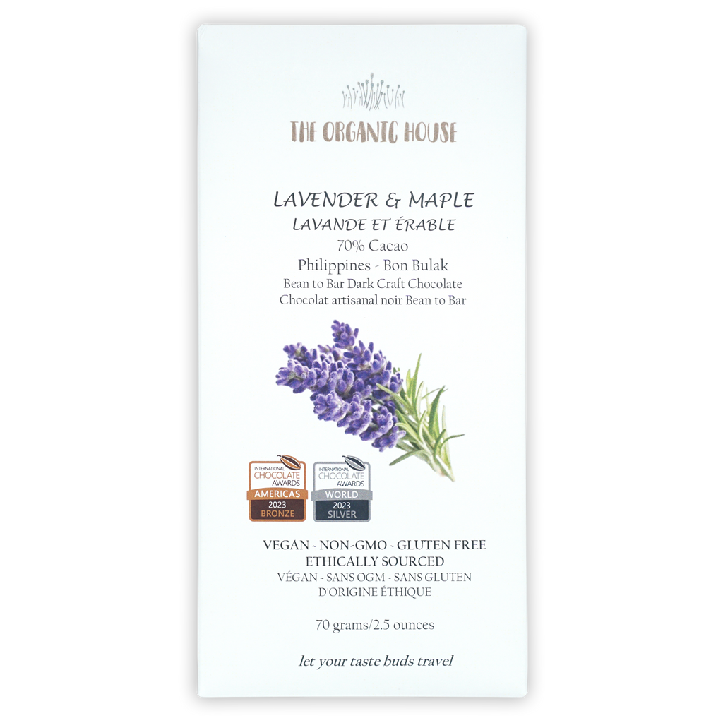 Organic House Dark Lavender Maple 70% vegan chocolate package