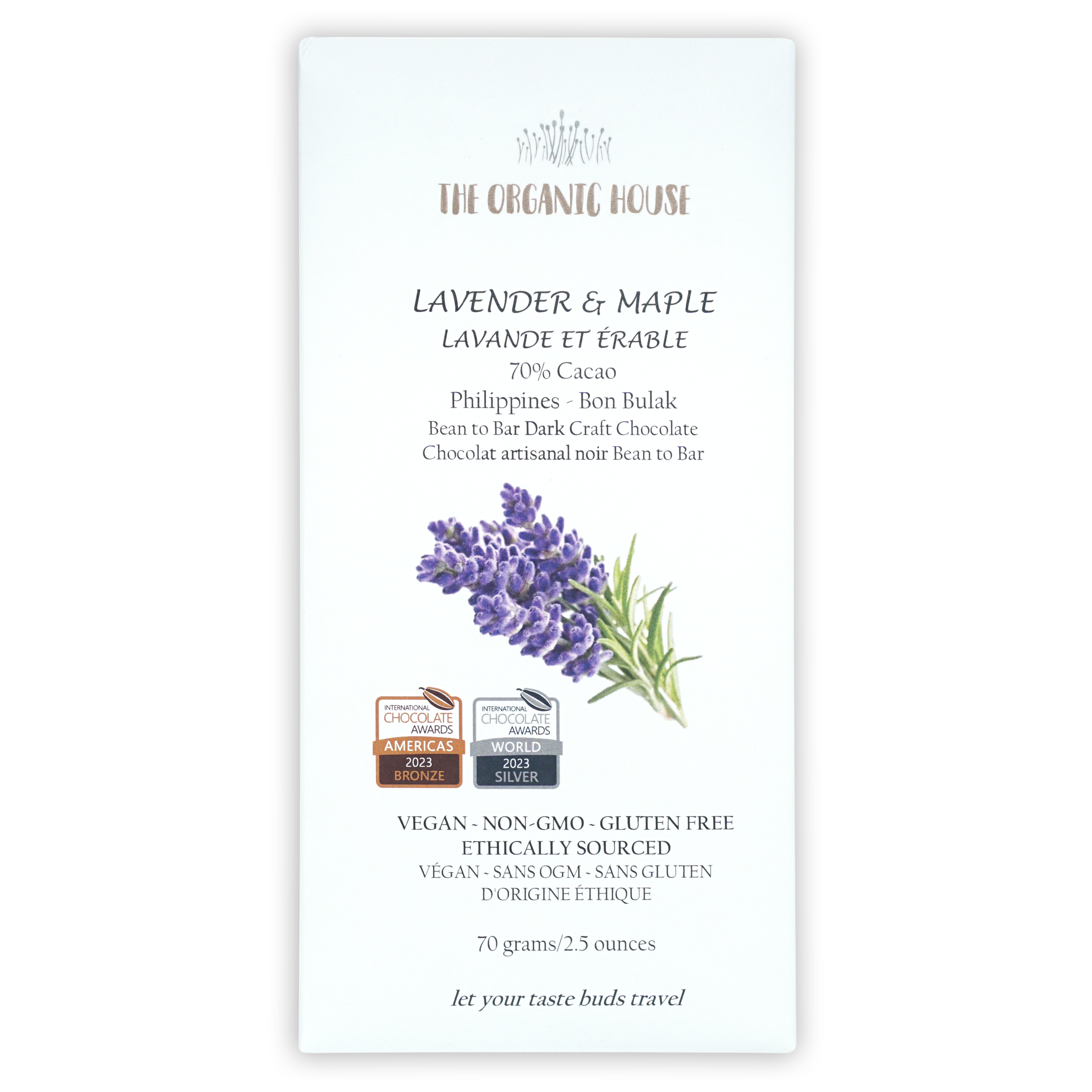 Organic House Dark Lavender Maple 70% vegan chocolate package