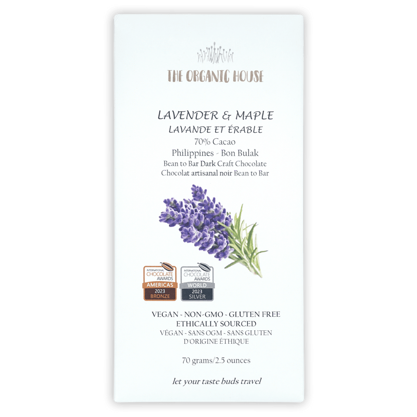 Organic House Dark Lavender Maple 70% vegan chocolate package