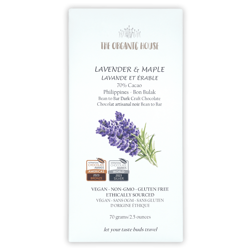Organic House Dark Lavender Maple 70% vegan chocolate package