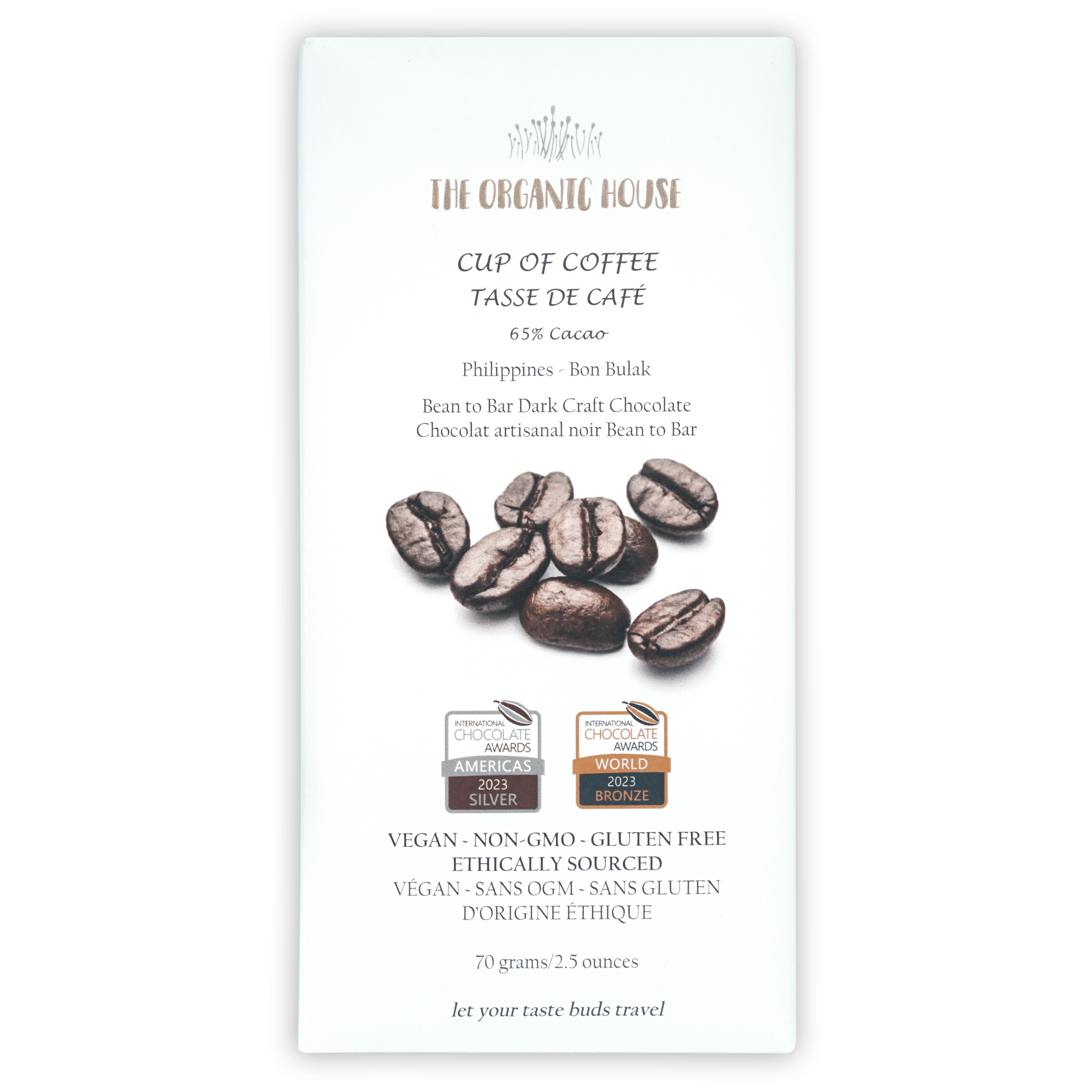 The Organic House 65% dark chocolate bar with maple and coffee, minimalist wrapper