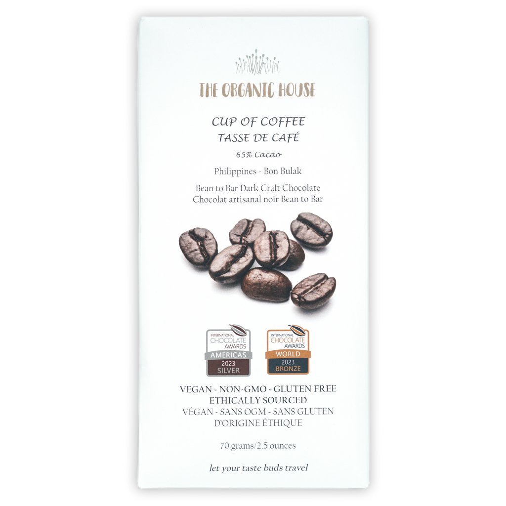 The Organic House 65% dark chocolate bar with maple and coffee, minimalist wrapper
