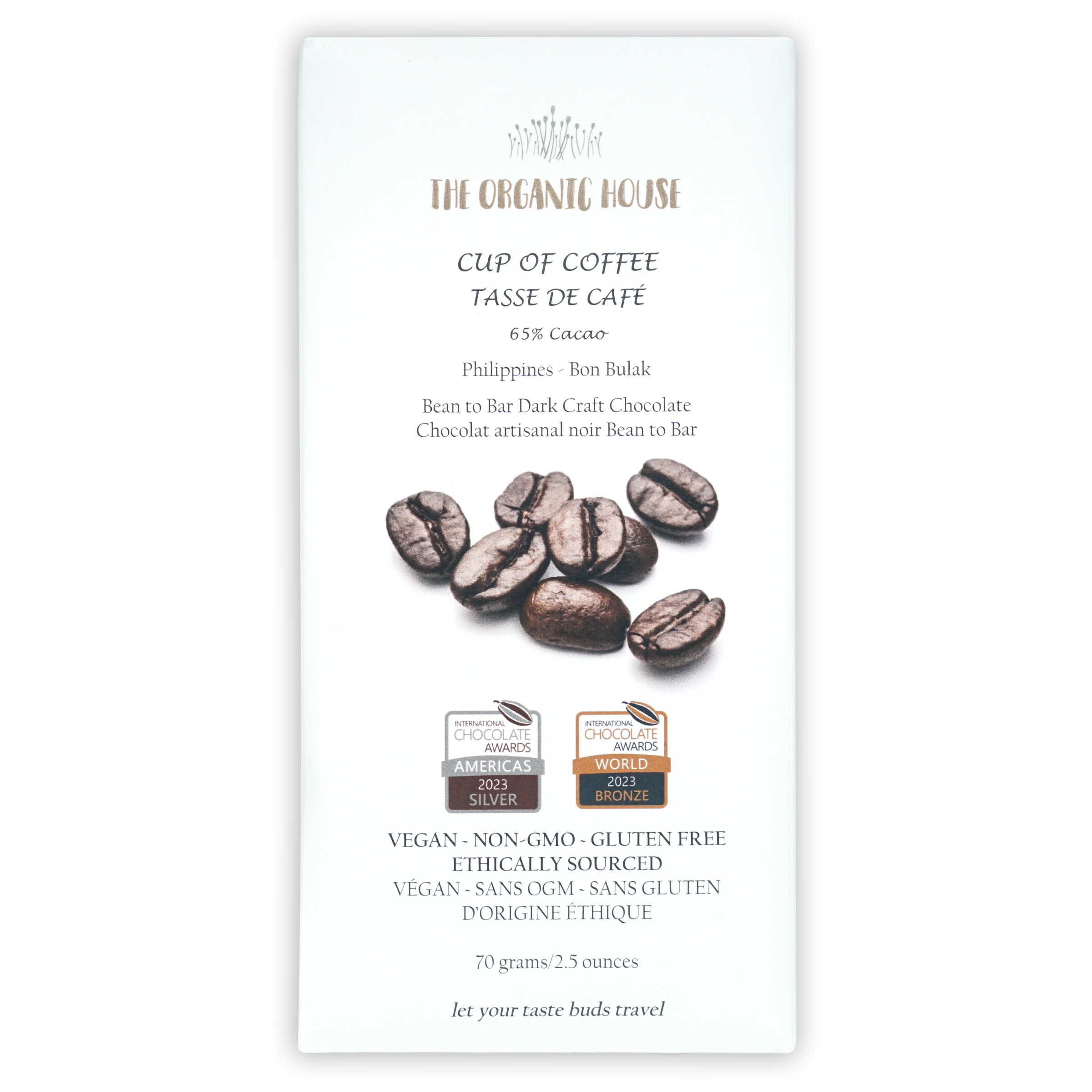 The Organic House 65% dark chocolate bar with maple and coffee, minimalist wrapper