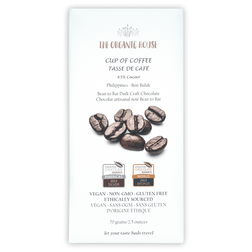 The Organic House 65% dark chocolate bar with maple and coffee, minimalist wrapper
