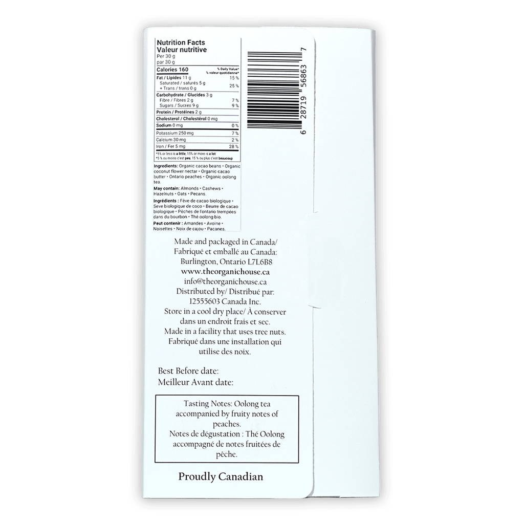 Back of The Organic House Dark Oolong Orchard O’Payo 65% white paper packaging with bilingual nutrition facts