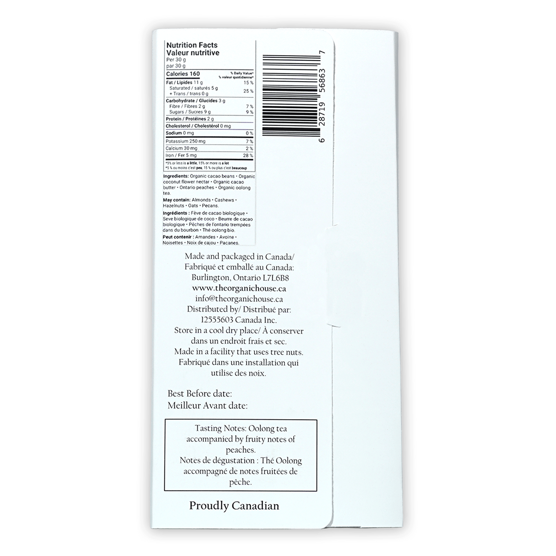 Back of The Organic House Dark Oolong Orchard O’Payo 65% white paper packaging with bilingual nutrition facts