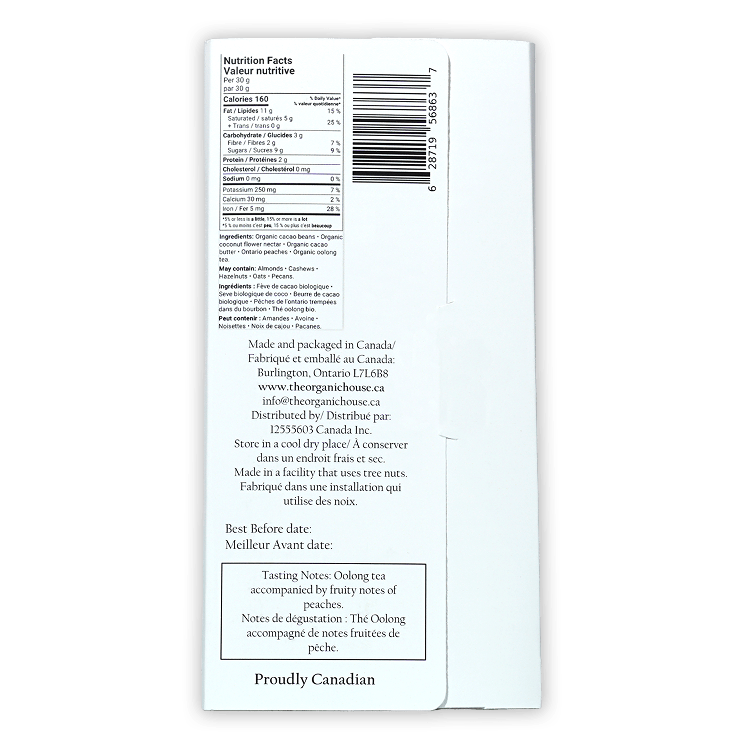 Back of The Organic House Dark Oolong Orchard O’Payo 65% white paper packaging with bilingual nutrition facts