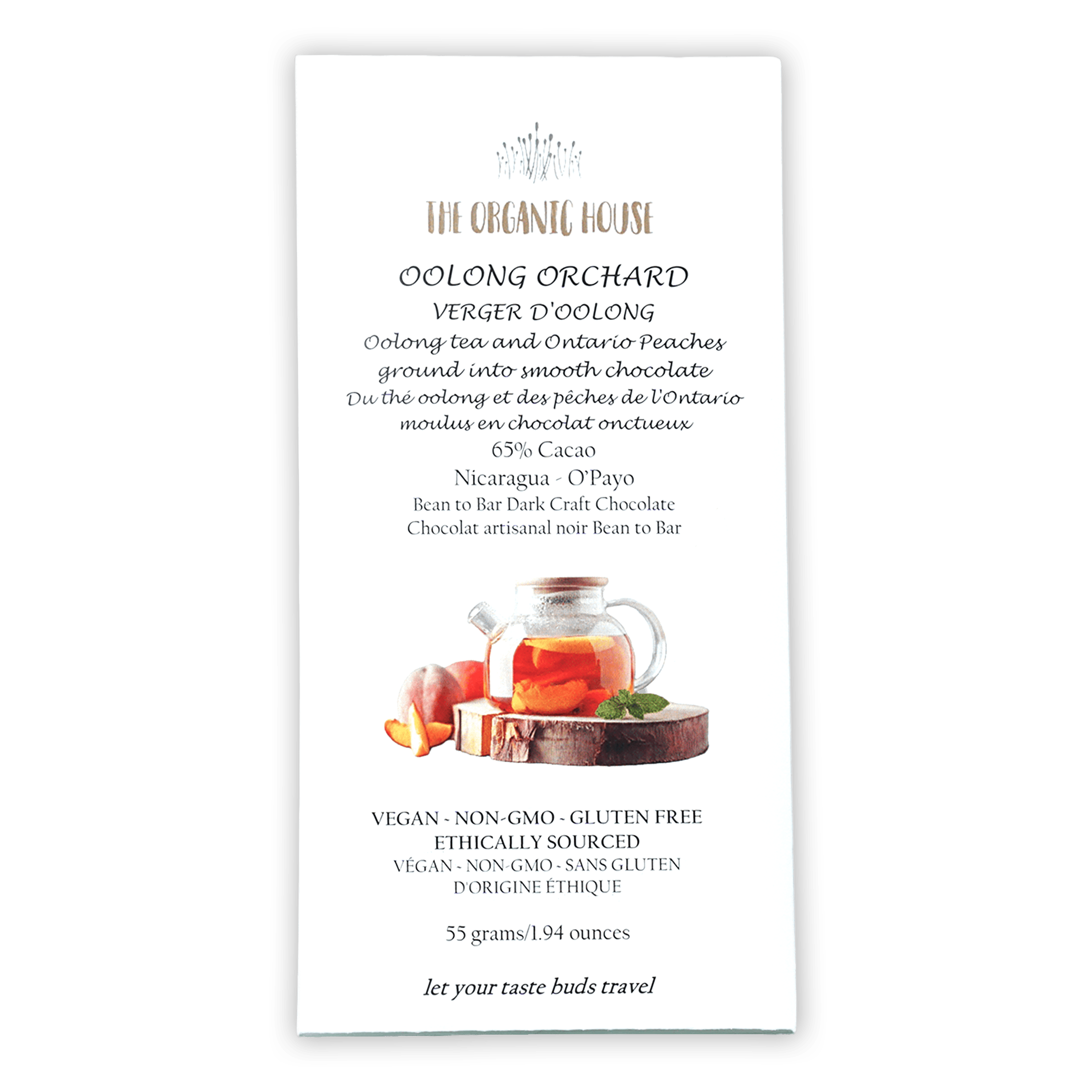 The Organic House Oolong Orchard dark chocolate bar wrapper with teapot