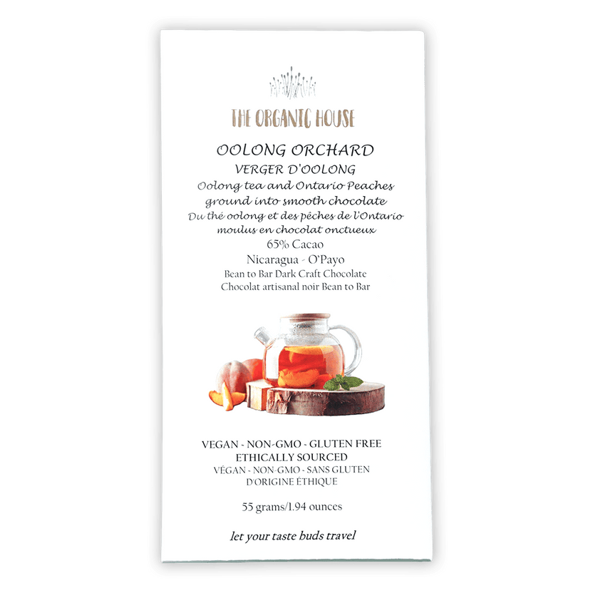 The Organic House Oolong Orchard dark chocolate bar wrapper with teapot