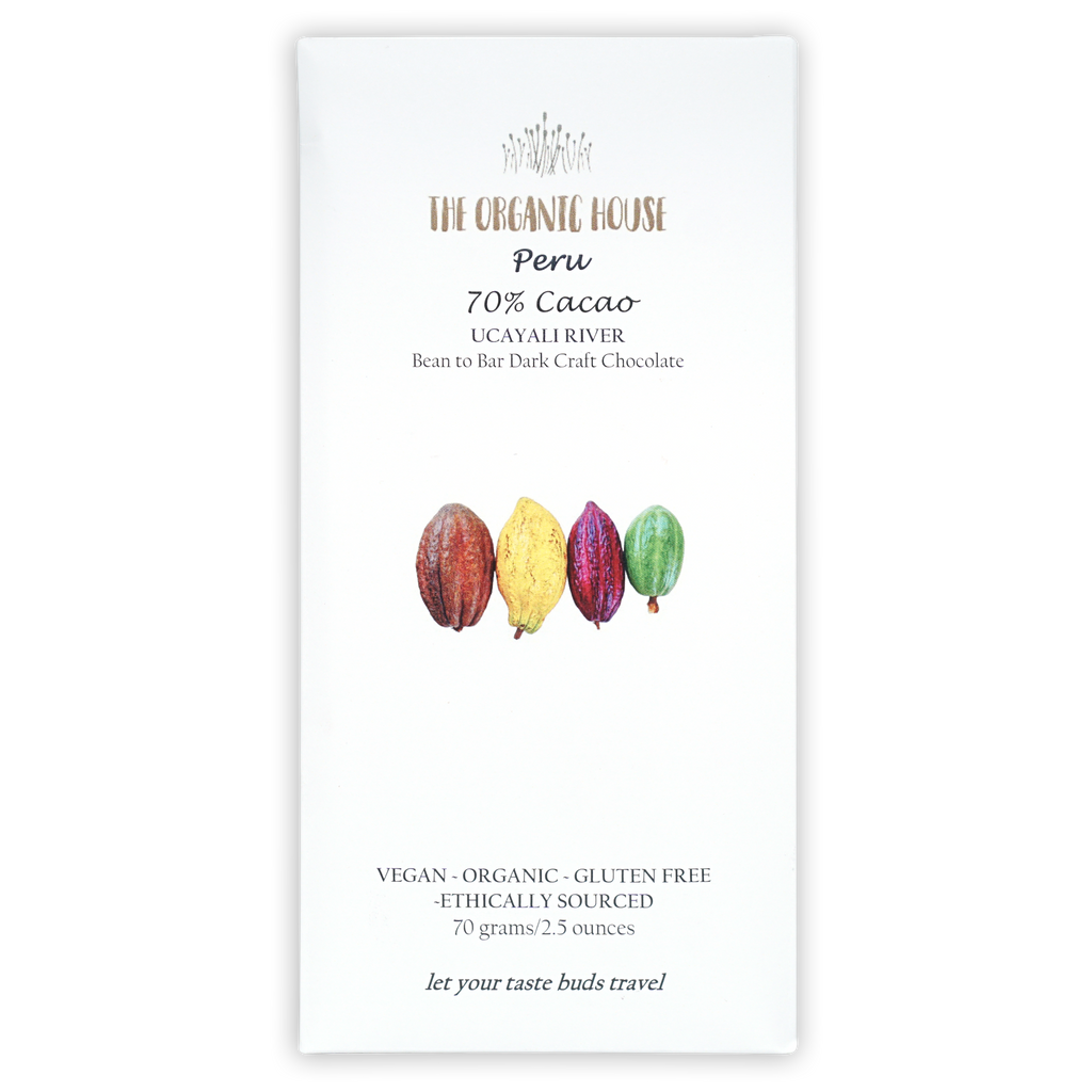 The Organic House Dark Peru Ucayali 70% white wrapper with cocoa pods