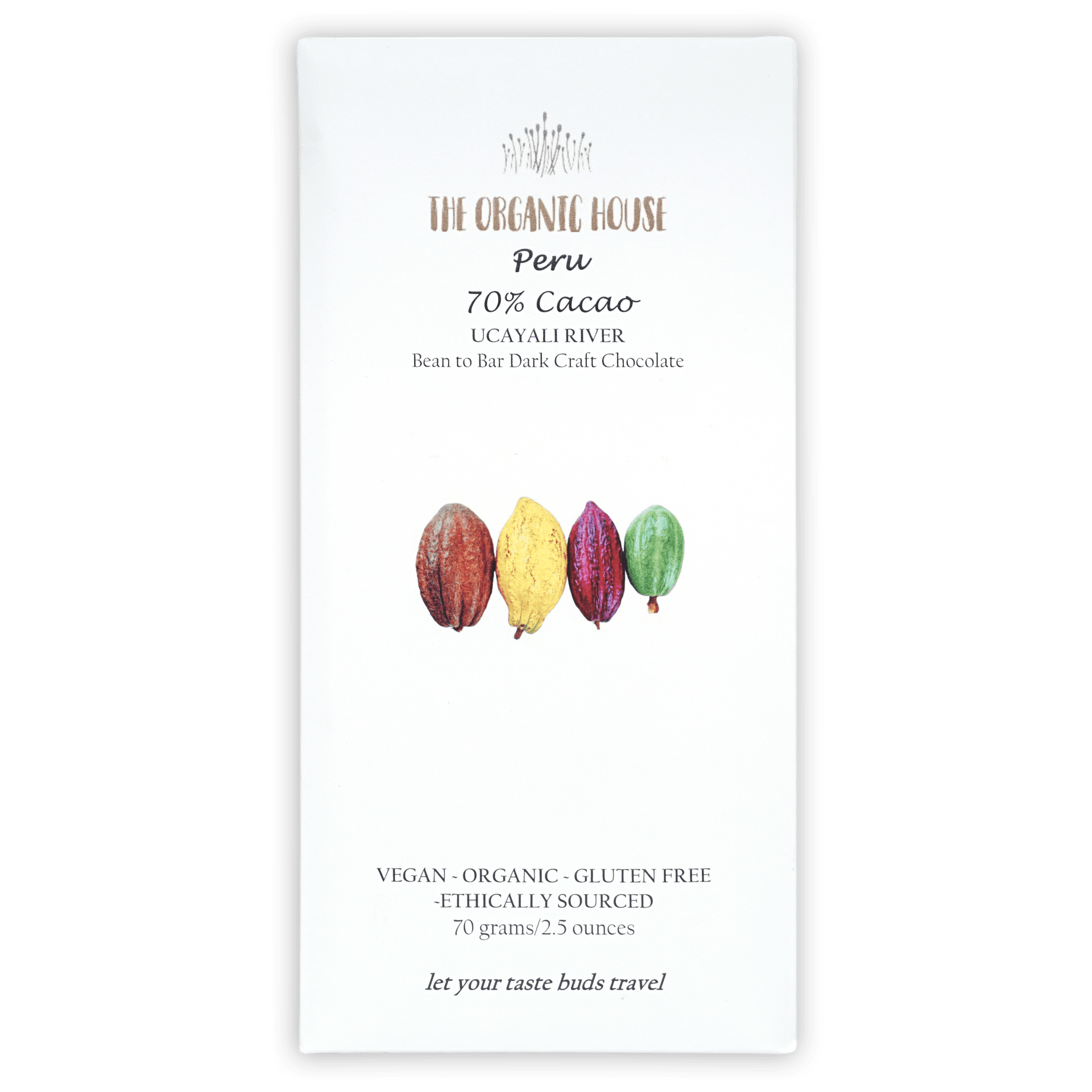The Organic House Dark Peru Ucayali 70% white wrapper with cocoa pods