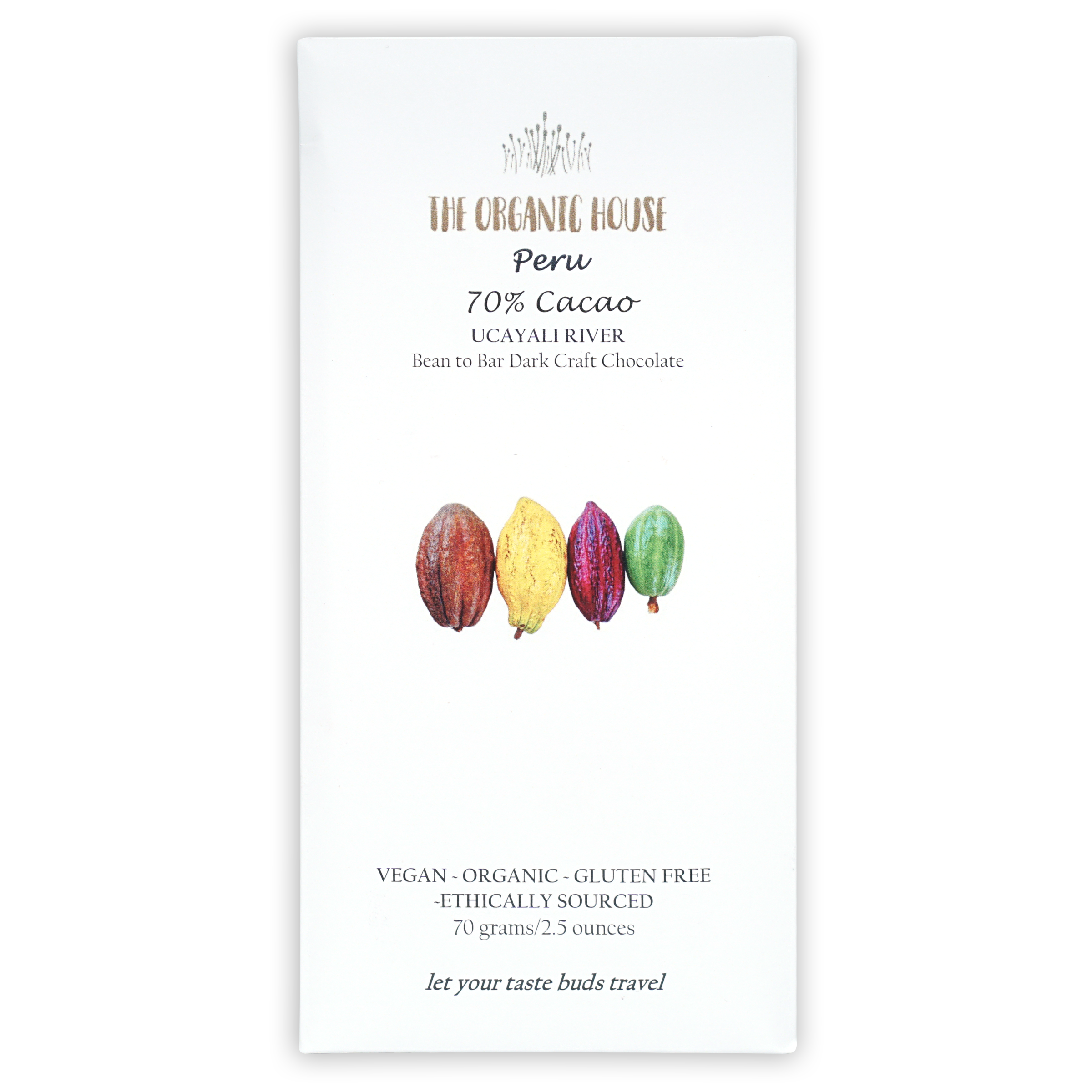 The Organic House Dark Peru Ucayali 70% white wrapper with cocoa pods