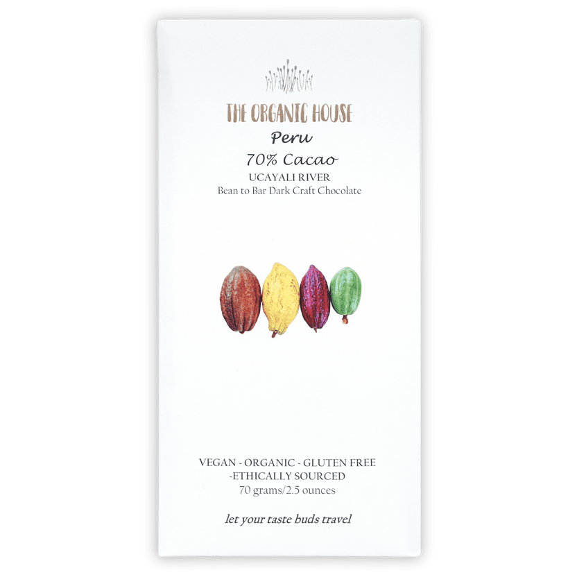 The Organic House Dark Peru Ucayali 70% white wrapper with cocoa pods