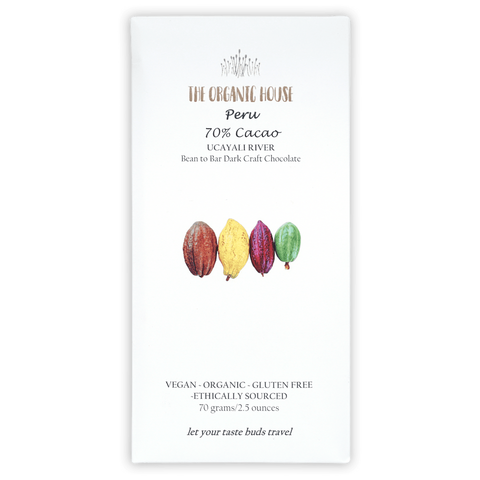 The Organic House Dark Peru Ucayali 70% white wrapper with cocoa pods