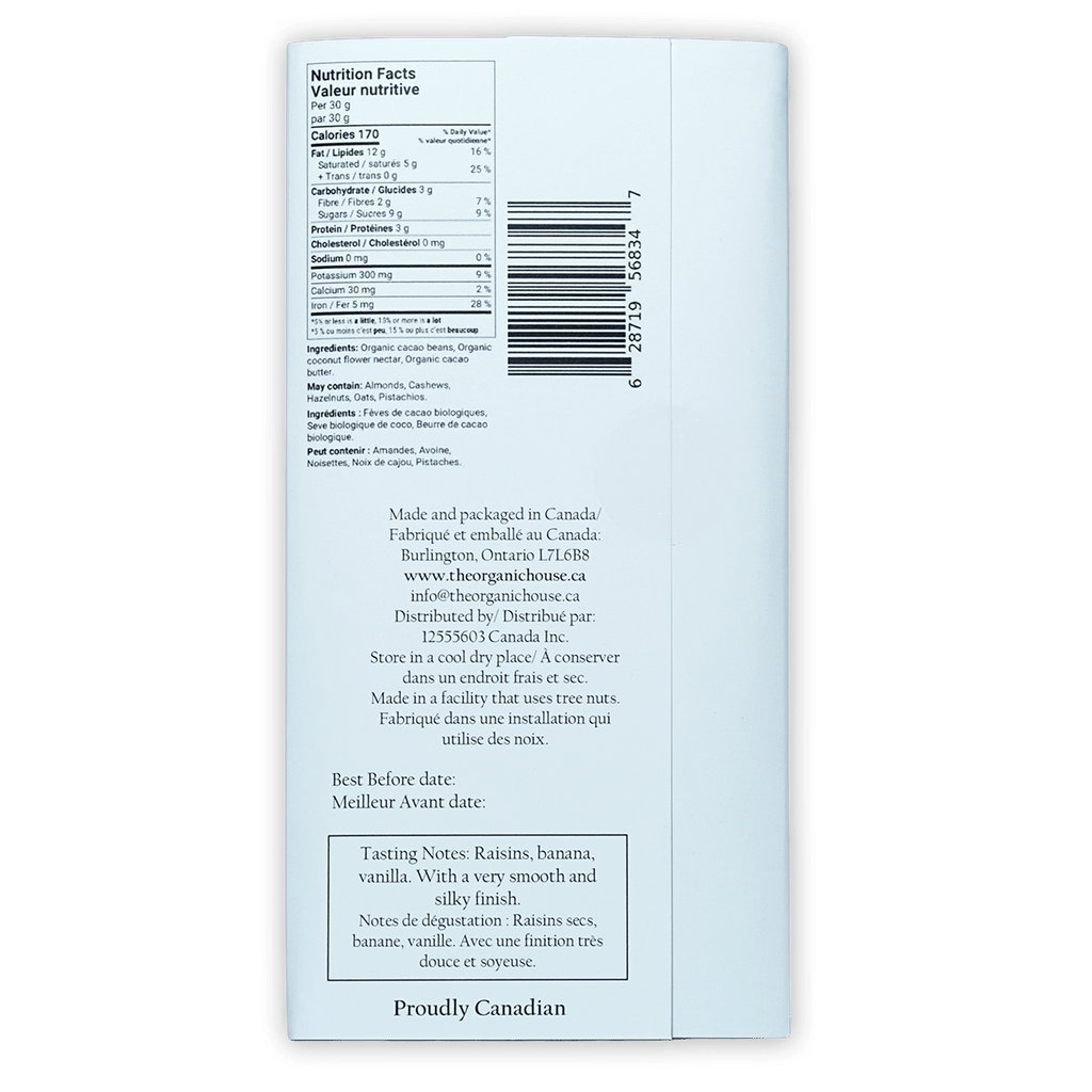 Back of Organic House dark chocolate bar 85% Peru Ucayali