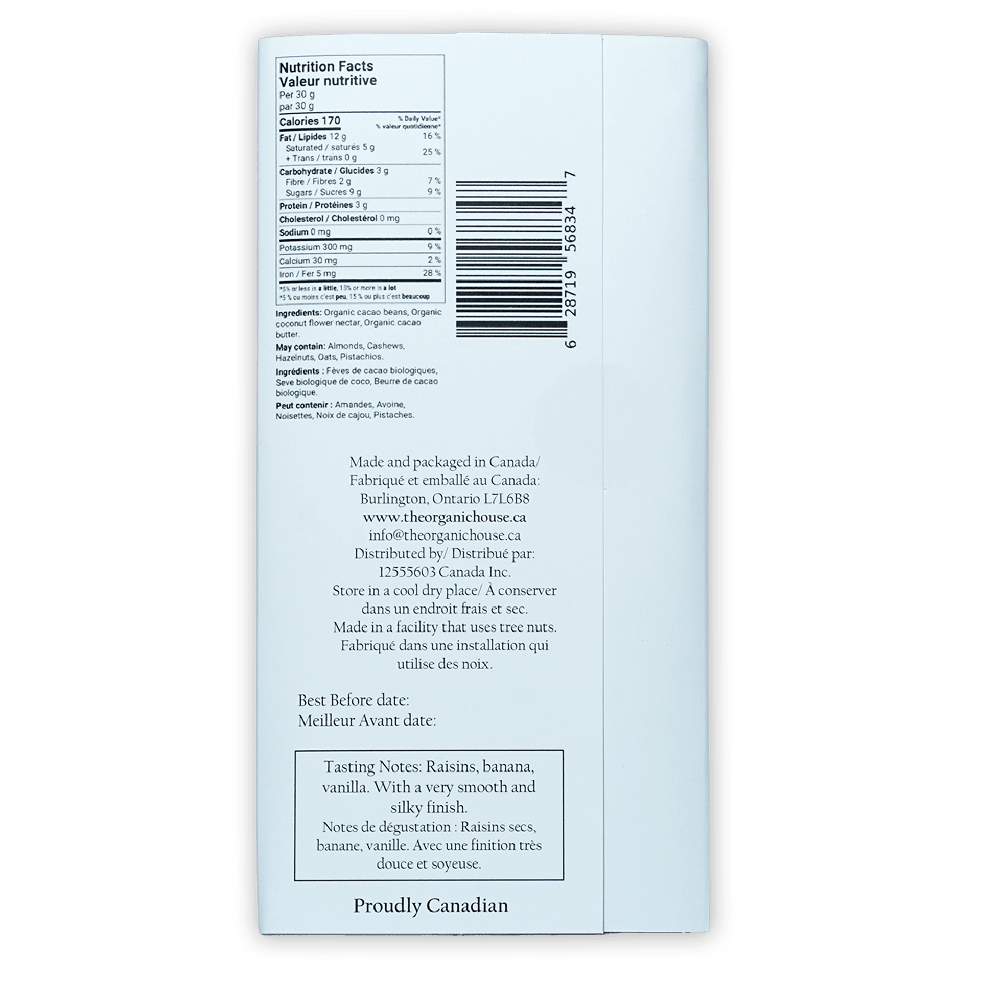 Back of Organic House dark chocolate bar 85% Peru Ucayali