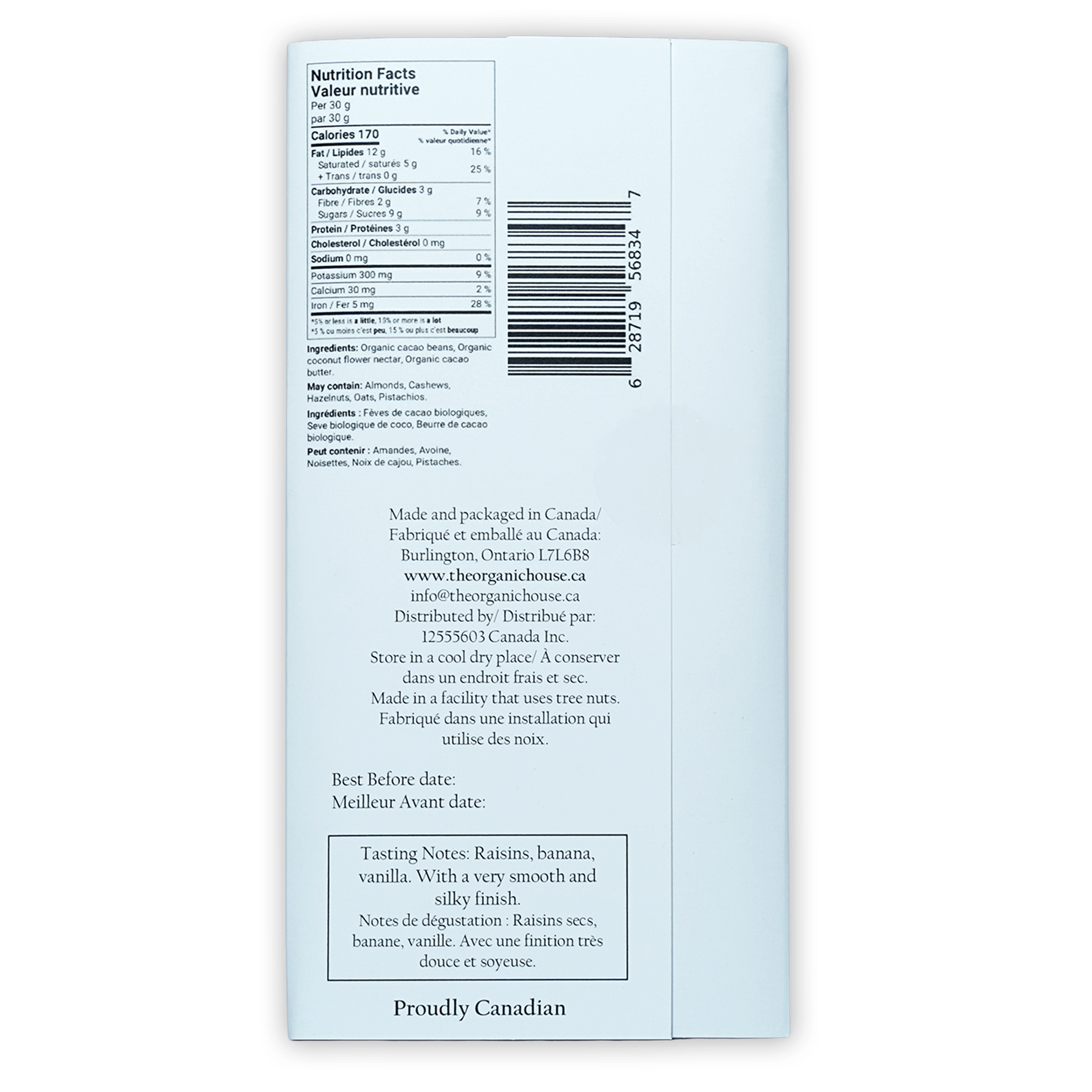 Back of Organic House dark chocolate bar 85% Peru Ucayali