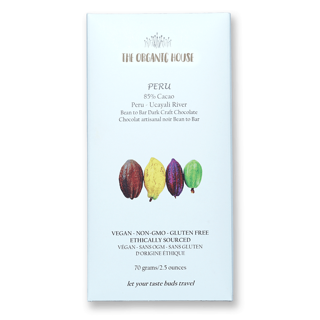 The Organic House Dark Peru Ucayali 85% with cacao pods in front