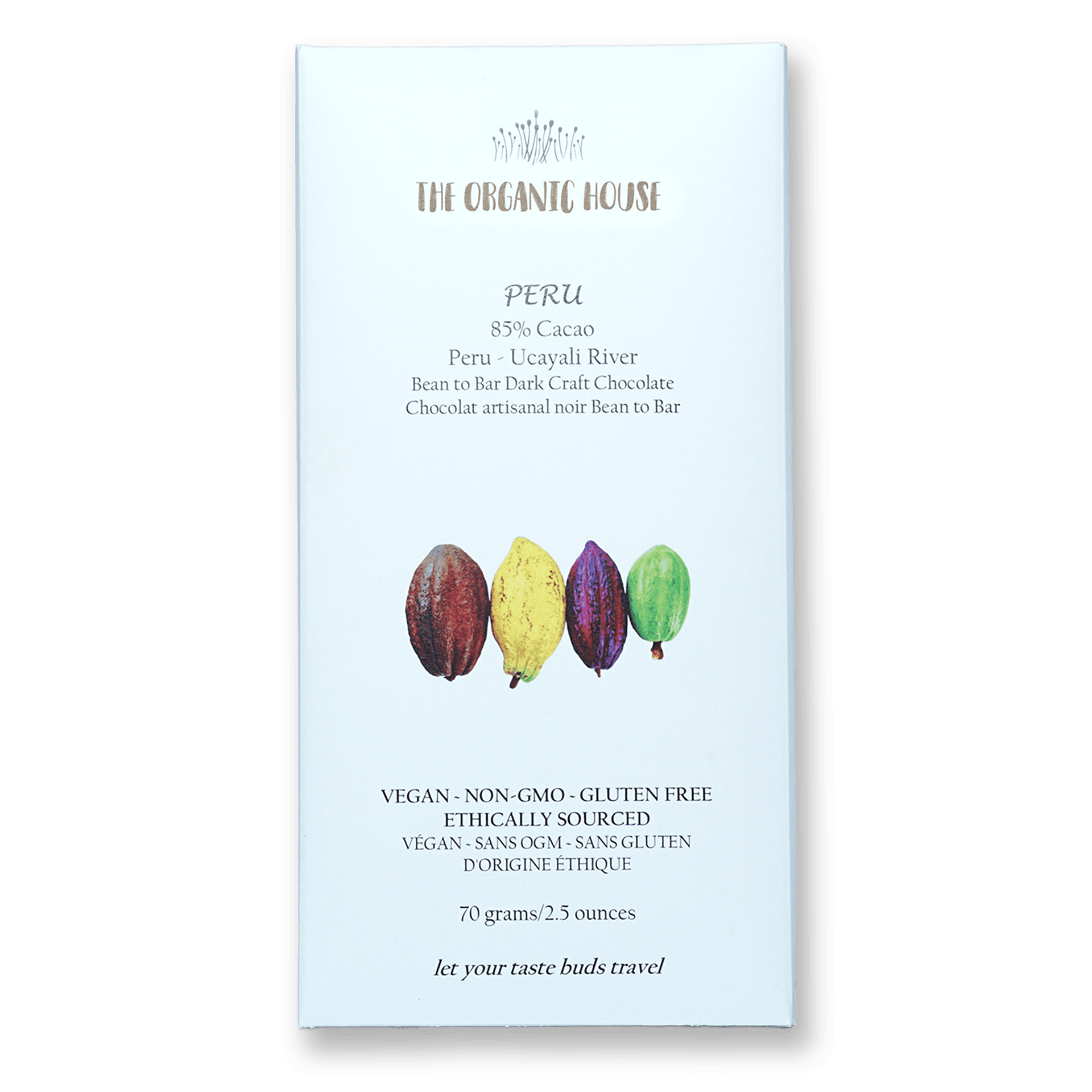 The Organic House Dark Peru Ucayali 85% with cacao pods in front