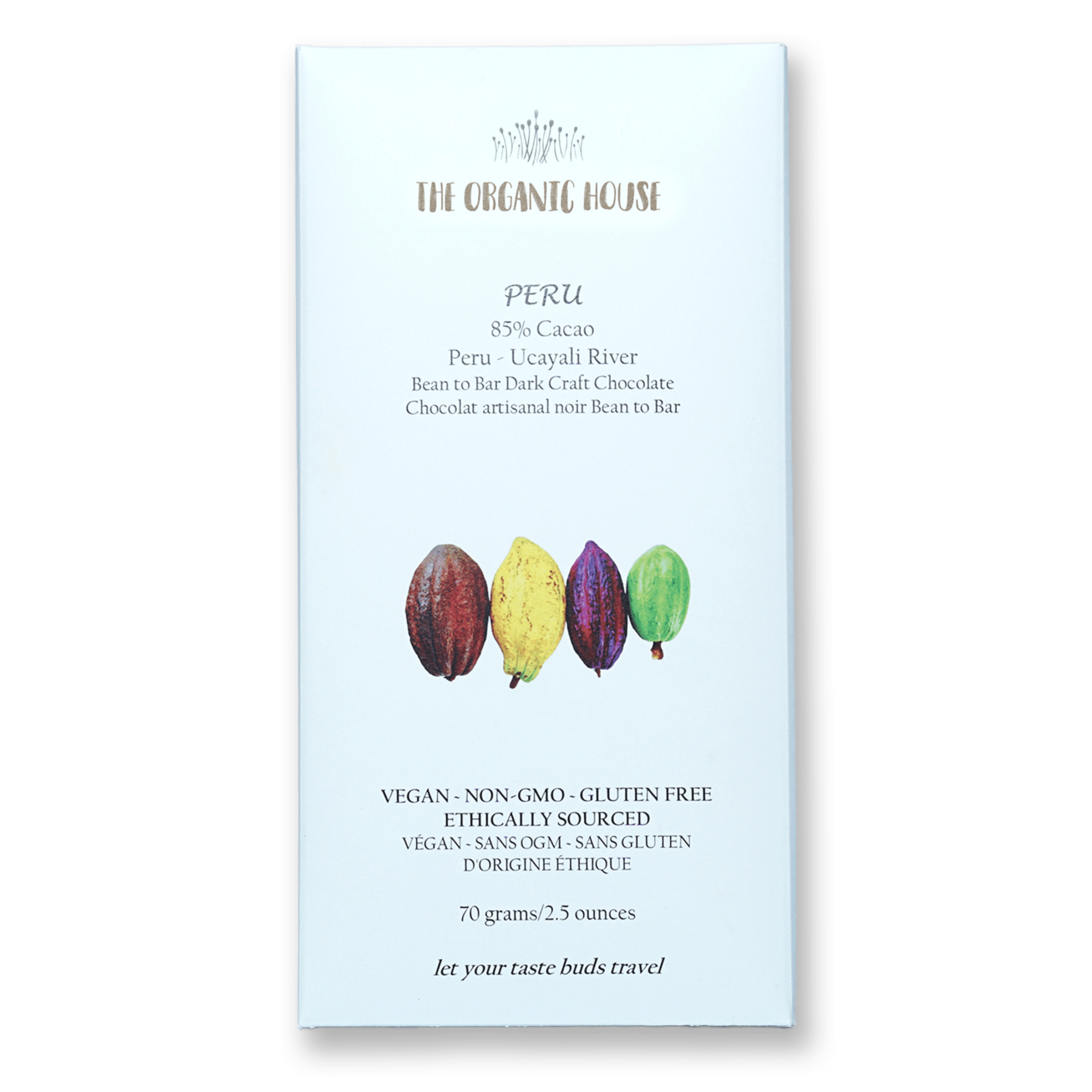 The Organic House Dark Peru Ucayali 85% with cacao pods in front
