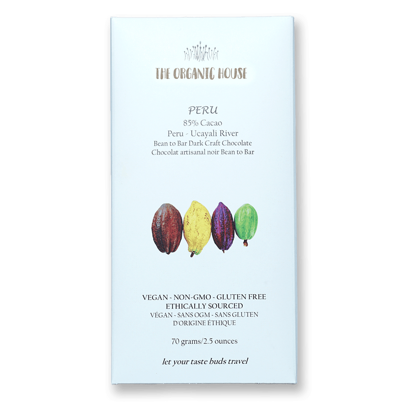 The Organic House Dark Peru Ucayali 85% with cacao pods in front