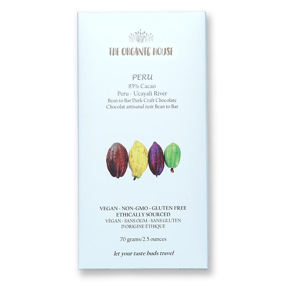 The Organic House Dark Peru Ucayali 85% with cacao pods in front