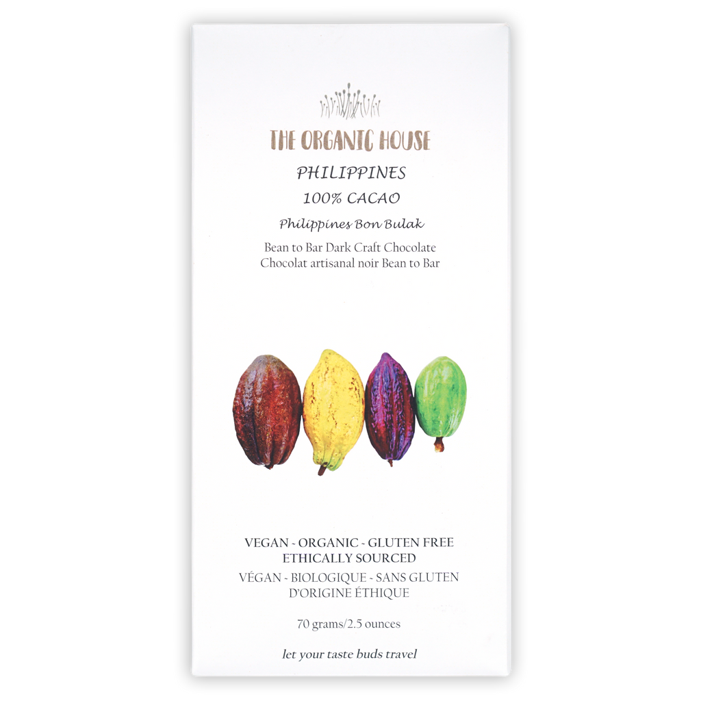The Organic House Dark Philippines Bon Bulak 100% cacao chocolate bar wrapper with colorful cocoa pods