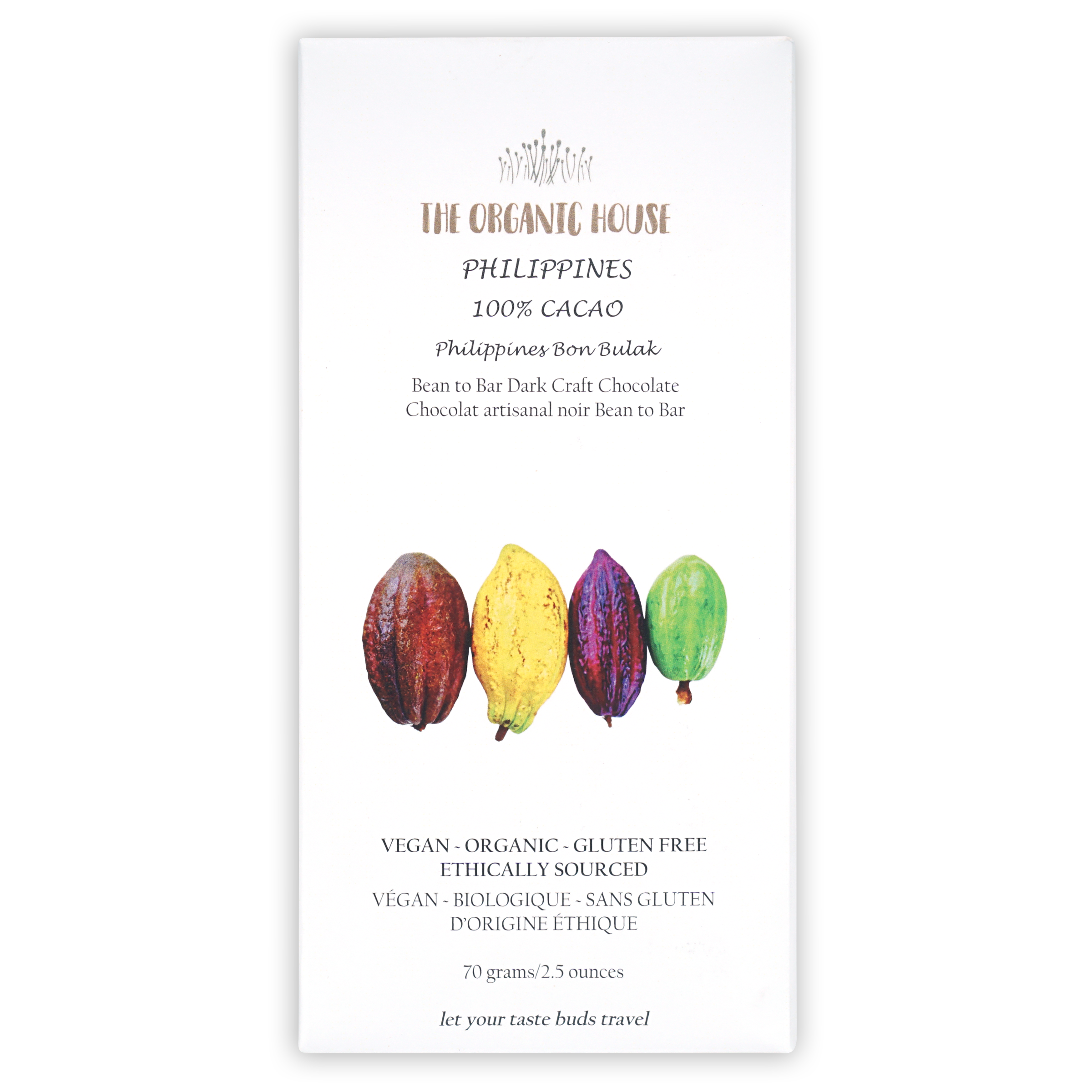 The Organic House Dark Philippines Bon Bulak 100% cacao chocolate bar wrapper with colorful cocoa pods