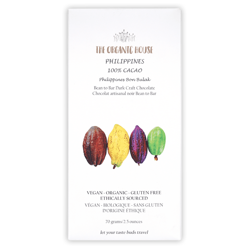 The Organic House Dark Philippines Bon Bulak 100% cacao chocolate bar wrapper with colorful cocoa pods