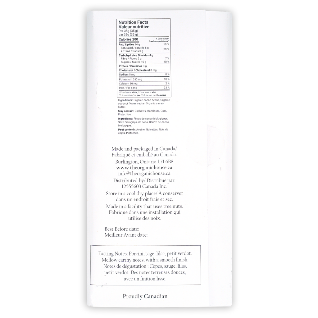 Back of The Organic House Dark Philippines Bon Bulak 70% label with nutrition facts