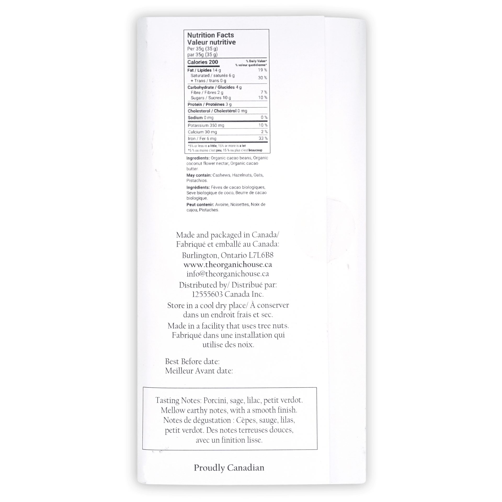 Back of The Organic House Dark Philippines Bon Bulak 70% label with nutrition facts