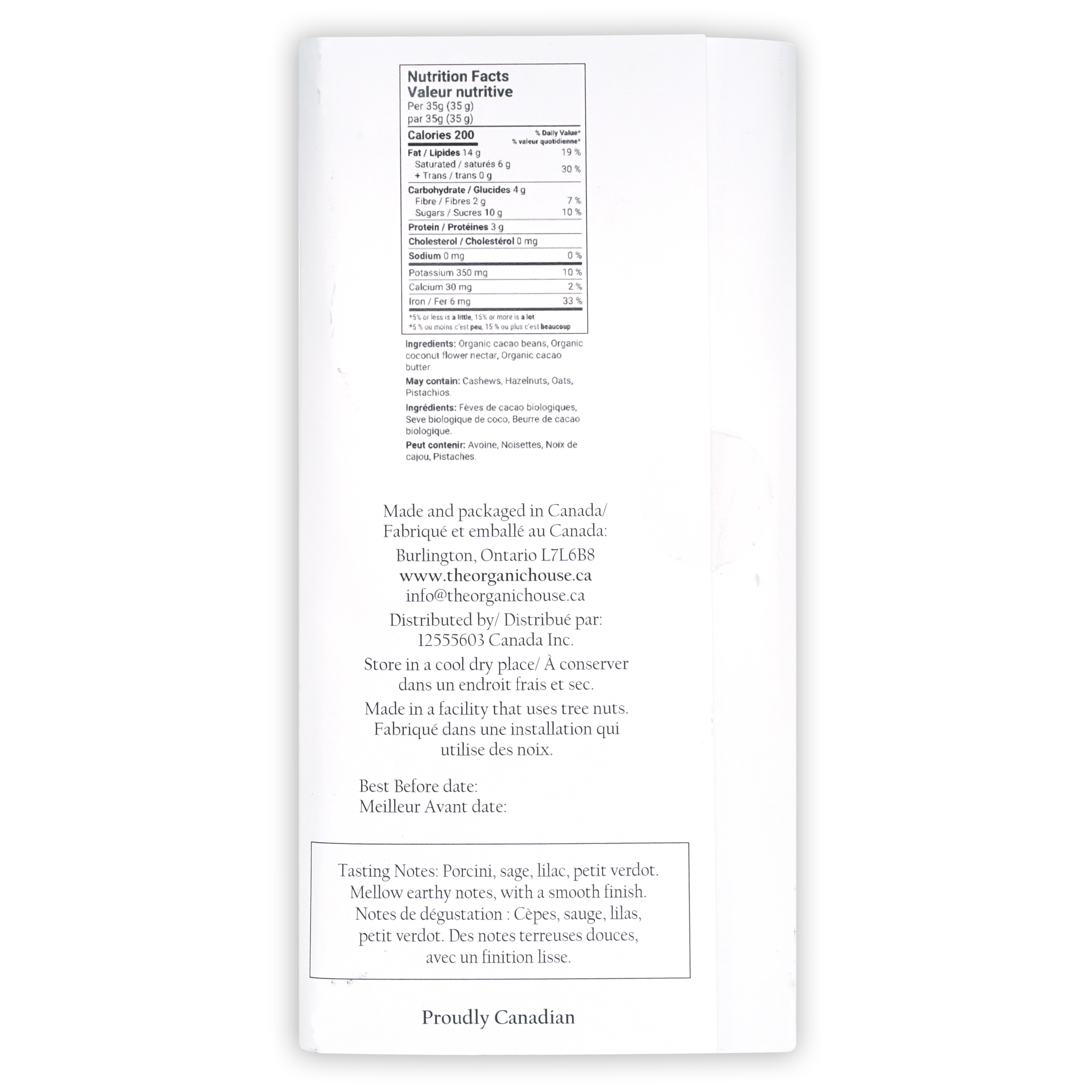 Back of The Organic House Dark Philippines Bon Bulak 70% label with nutrition facts