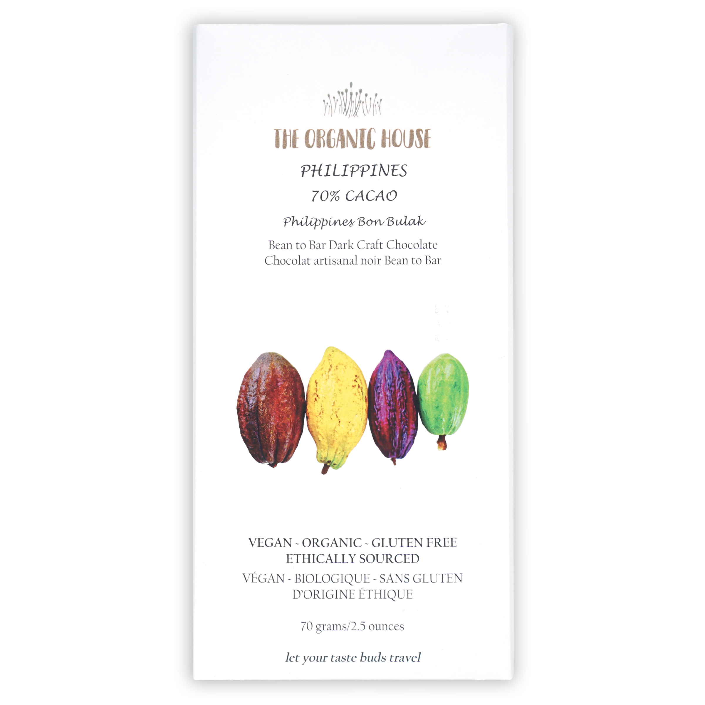 The Organic House Dark Philippines Bon Bulak 70% chocolate bar