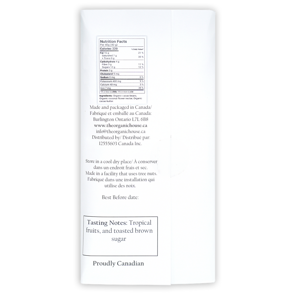 Back of The Organic House Dark Thailand Chanthaburi 70% cacao beans package with nutrition facts