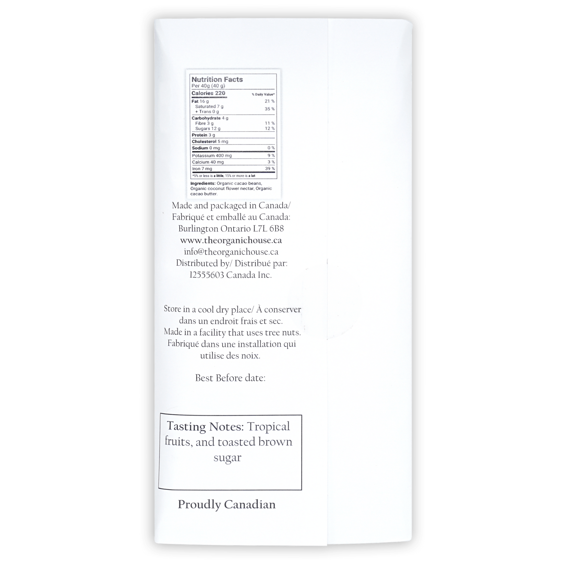 Back of The Organic House Dark Thailand Chanthaburi 70% cacao beans package with nutrition facts