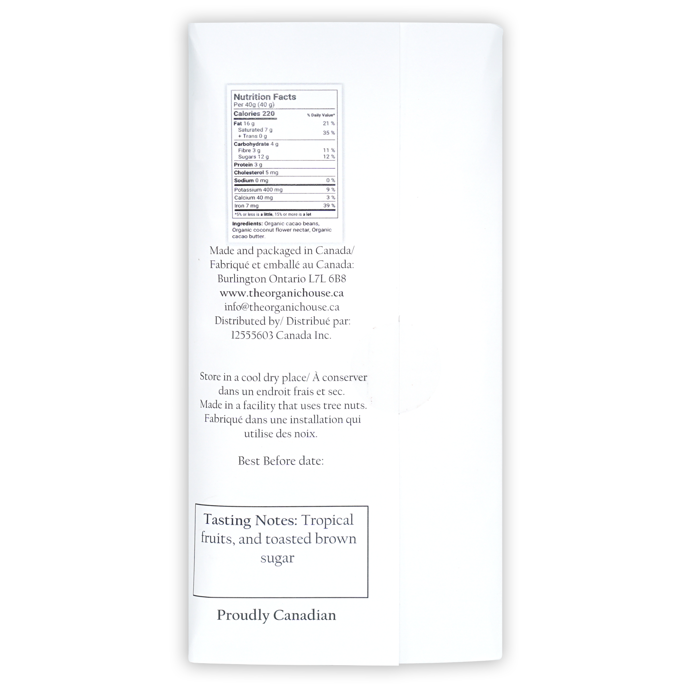 Back of The Organic House Dark Thailand Chanthaburi 70% cacao beans package with nutrition facts