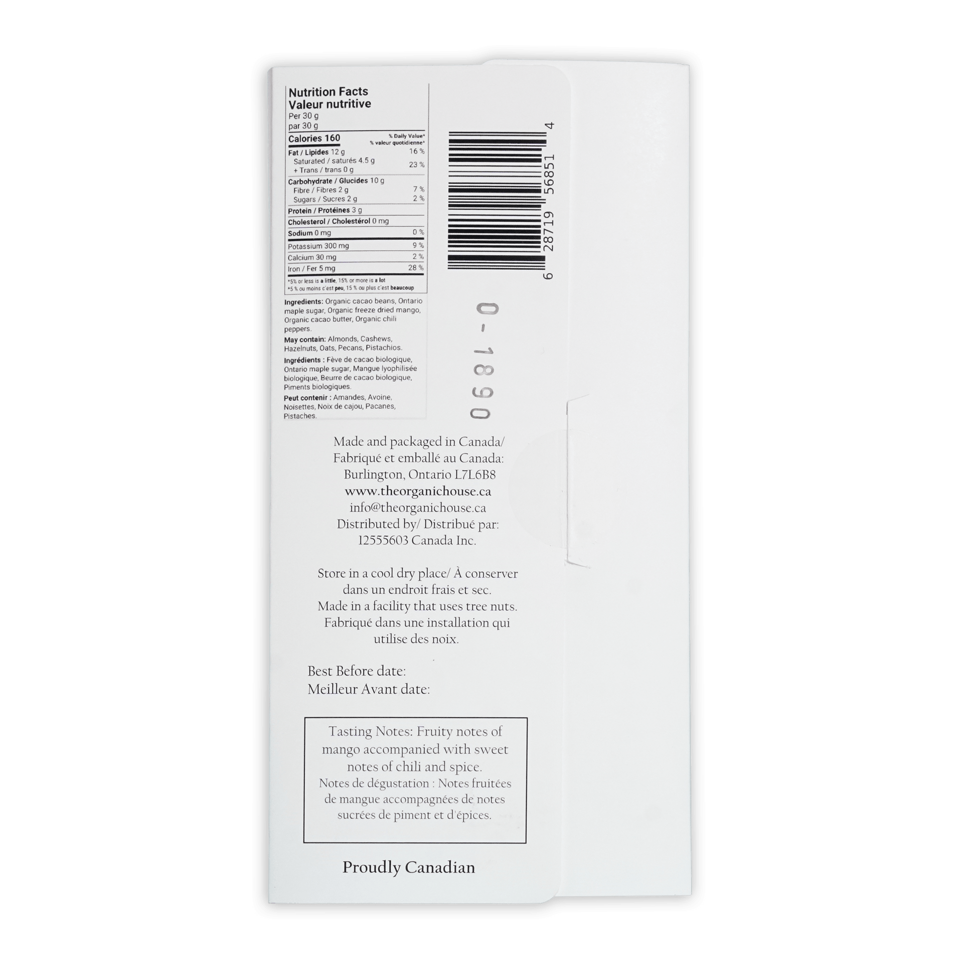 White paper packaging for canadian-made organic snack the organic house mango chili dark 70 percent chocolate