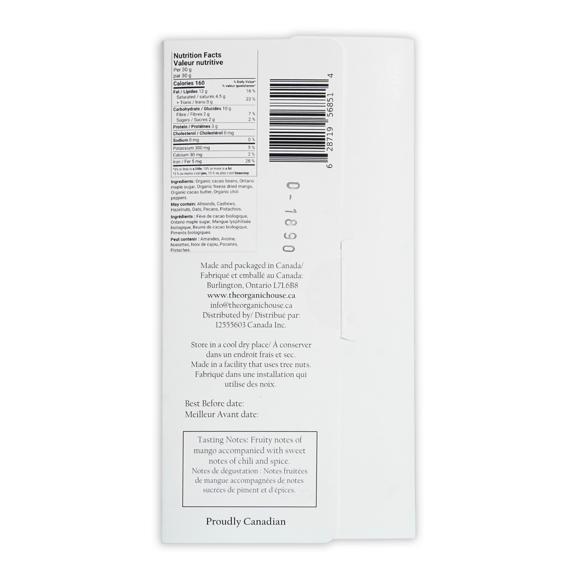 White paper packaging for canadian-made organic snack the organic house mango chili dark 70 percent chocolate