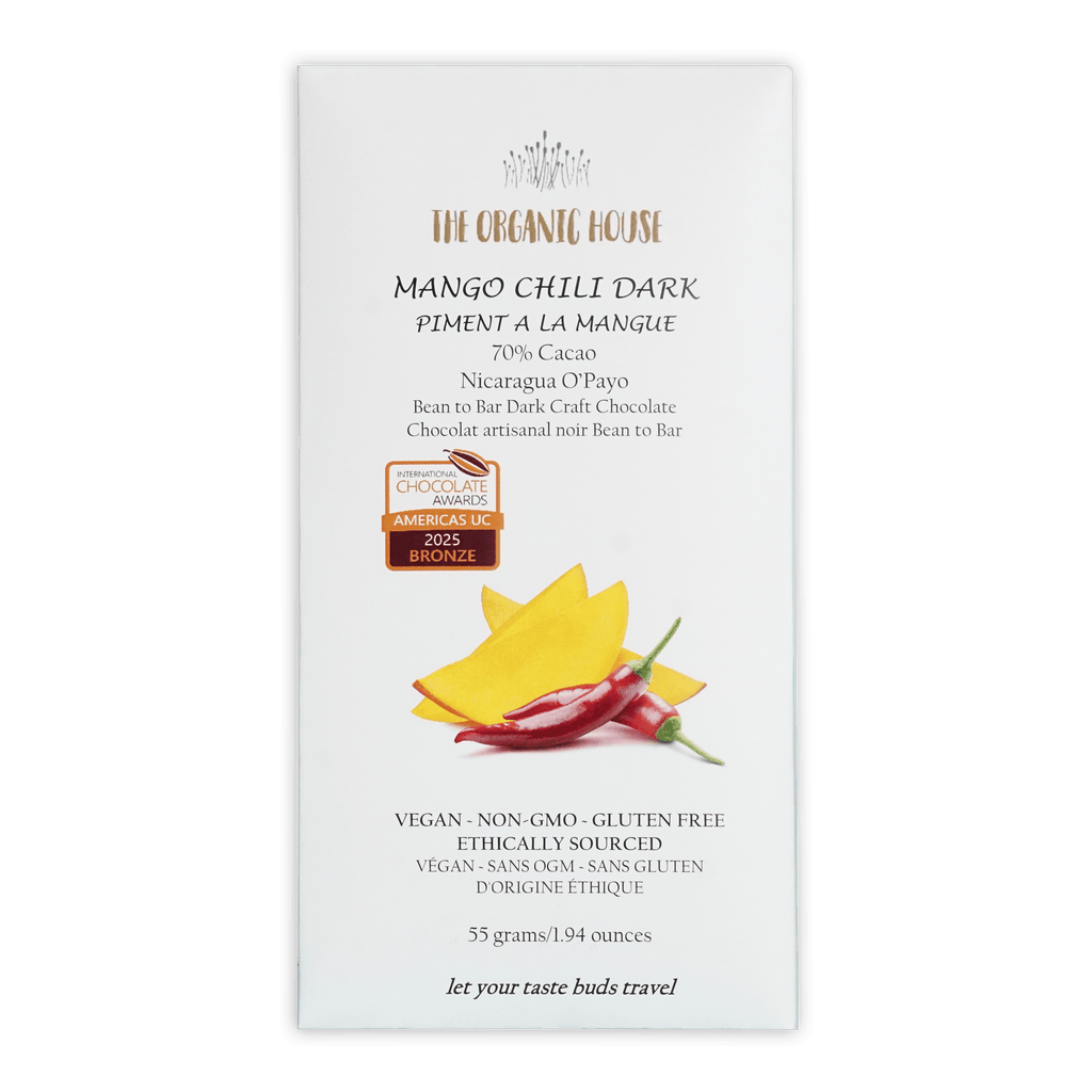 White rectangular wrapper for the organic house mango chili dark 70 percent chocolate bar with mango and chili illustration