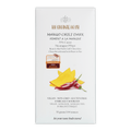 White rectangular wrapper for the organic house mango chili dark 70 percent chocolate bar with mango and chili illustration
