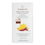 White rectangular wrapper for the organic house mango chili dark 70 percent chocolate bar with mango and chili illustration