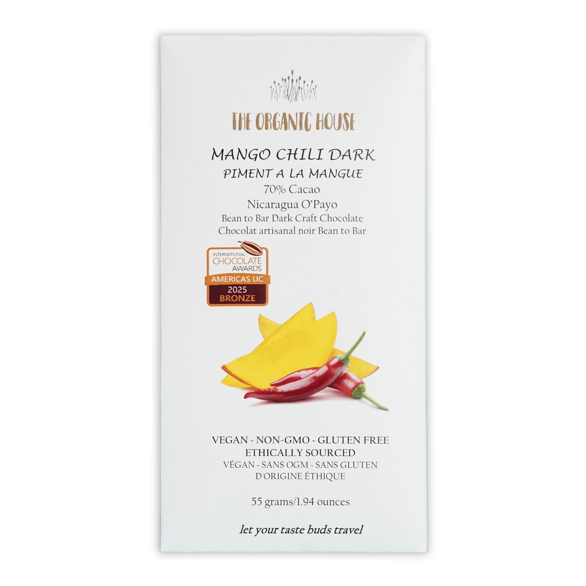 White rectangular wrapper for the organic house mango chili dark 70 percent chocolate bar with mango and chili illustration