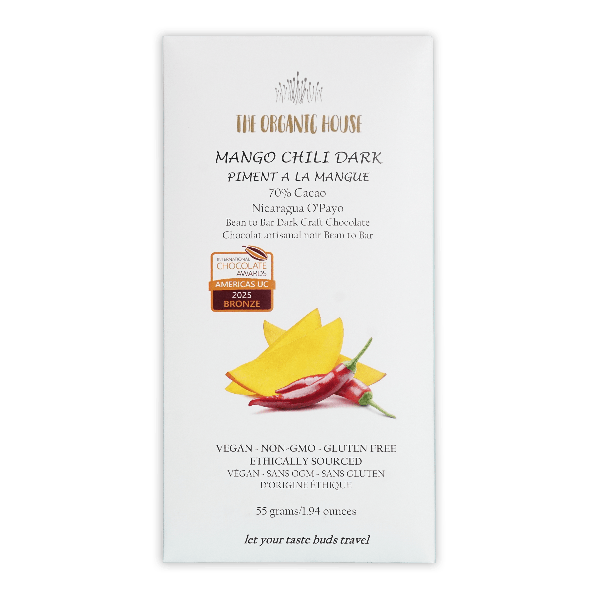 White rectangular wrapper for the organic house mango chili dark 70 percent chocolate bar with mango and chili illustration