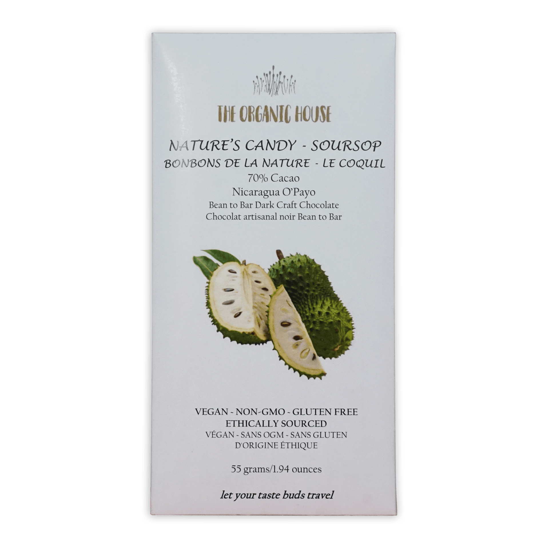 The organic house nature’s candy soursop dark 70% chocolate bar with white wrapper featuring green and black soursop imagery