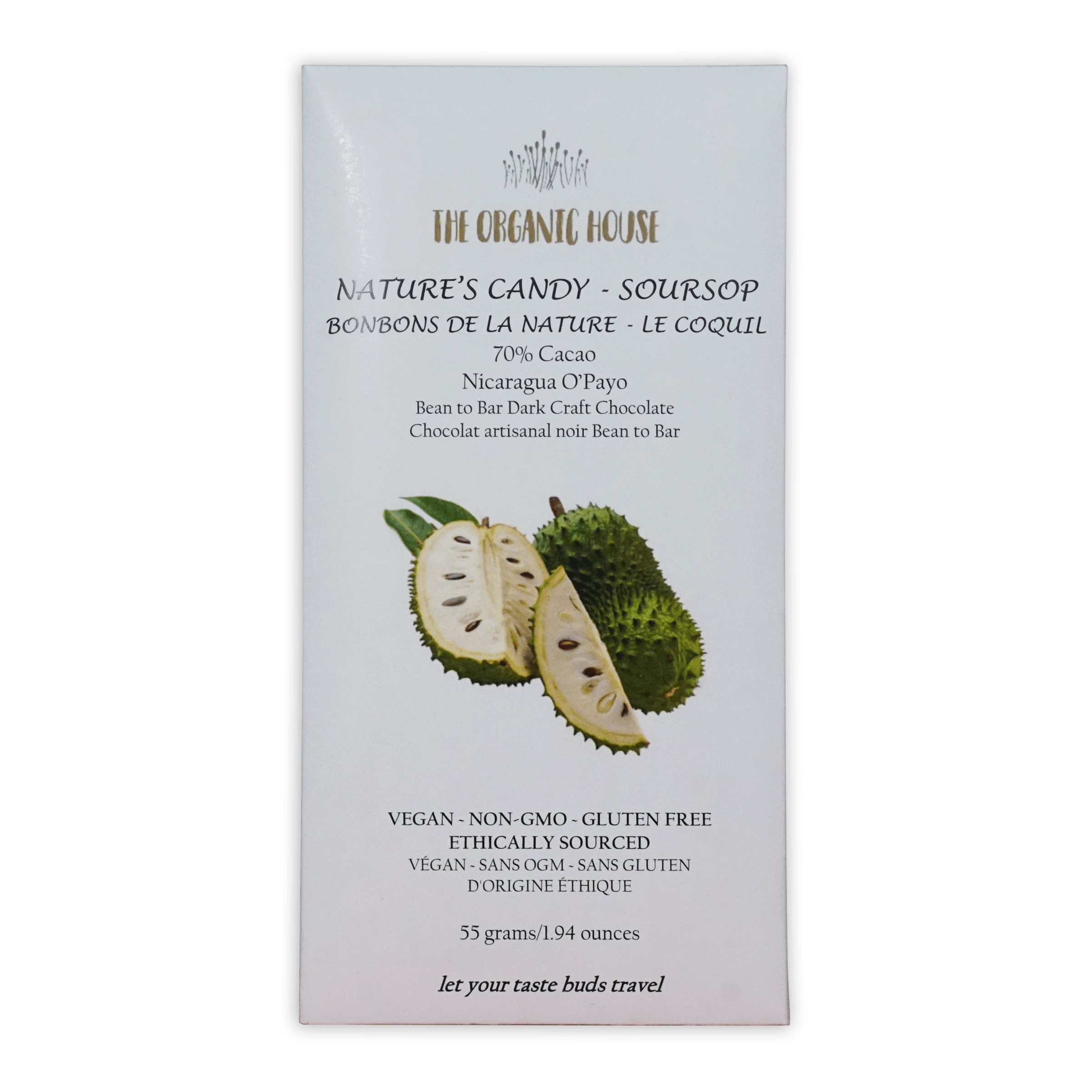 The organic house nature’s candy soursop dark 70% chocolate bar with white wrapper featuring green and black soursop imagery