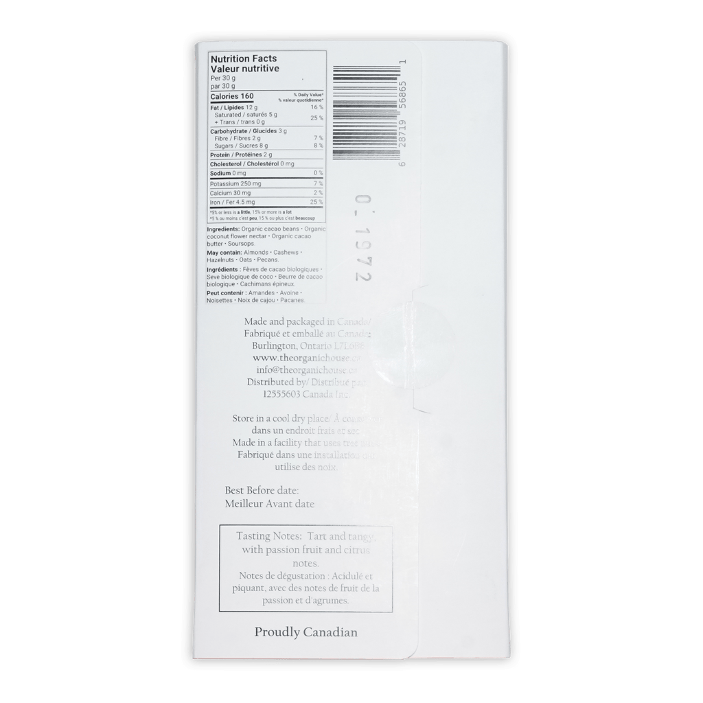 White rectangular package of the organic house nature’s candy soursop dark 70% cacao bars back with nutrition and ingredients