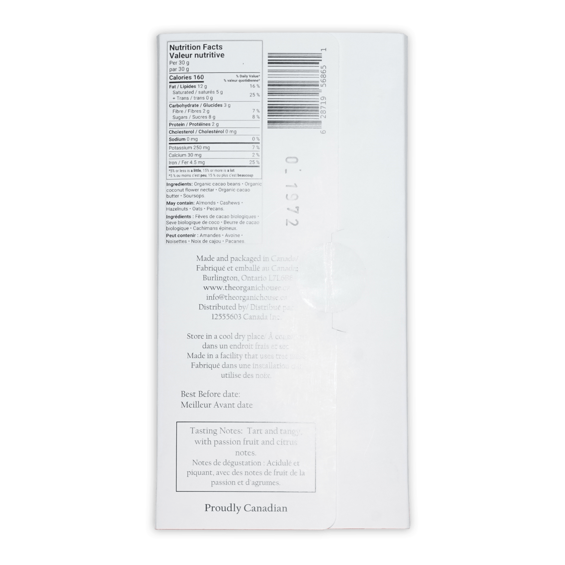 White rectangular package of the organic house nature’s candy soursop dark 70% cacao bars back with nutrition and ingredients